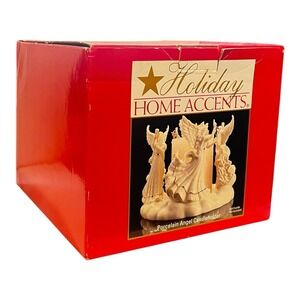 Holiday Home Accents Bisque Angel Pillar Candle Holder White Gold Trim Christmas